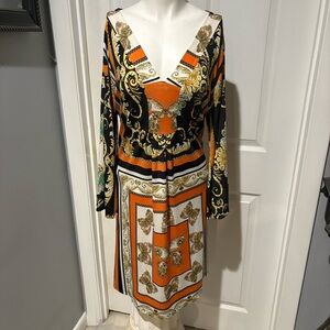 White Mark Black & Orange Print Long Sleeve  V Neck Dress. S/Large